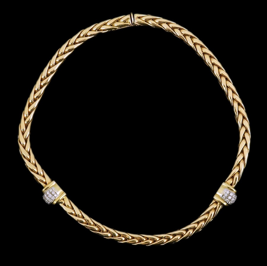 A modern Mappin & Webb 18ct gold interwoven link necklace, with two pave set diamond bands